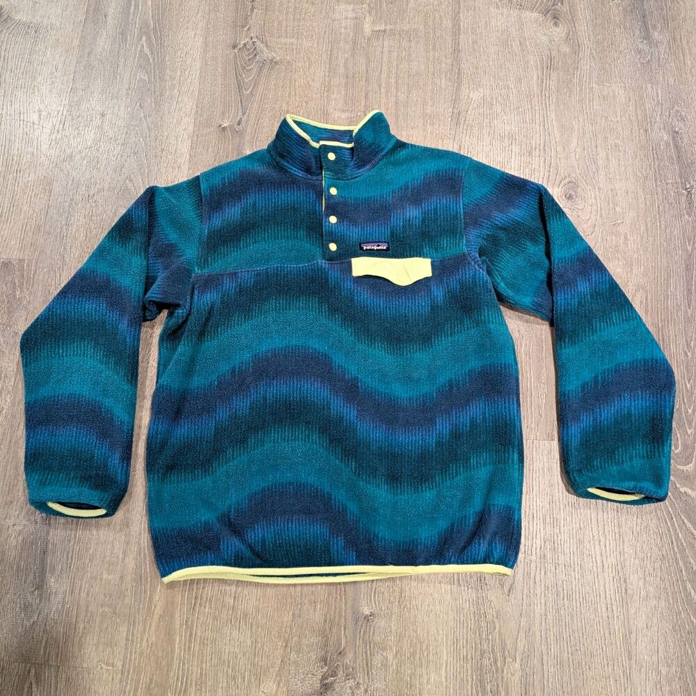 Patagonia Mens L Blue Green Yellow Striped Snap-T 1/4 Snap Fleece Jacket